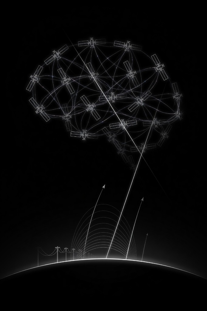 Satellites arranged as a brain above Earth's curve, linked by signal beams to a line of utility poles on the ground.