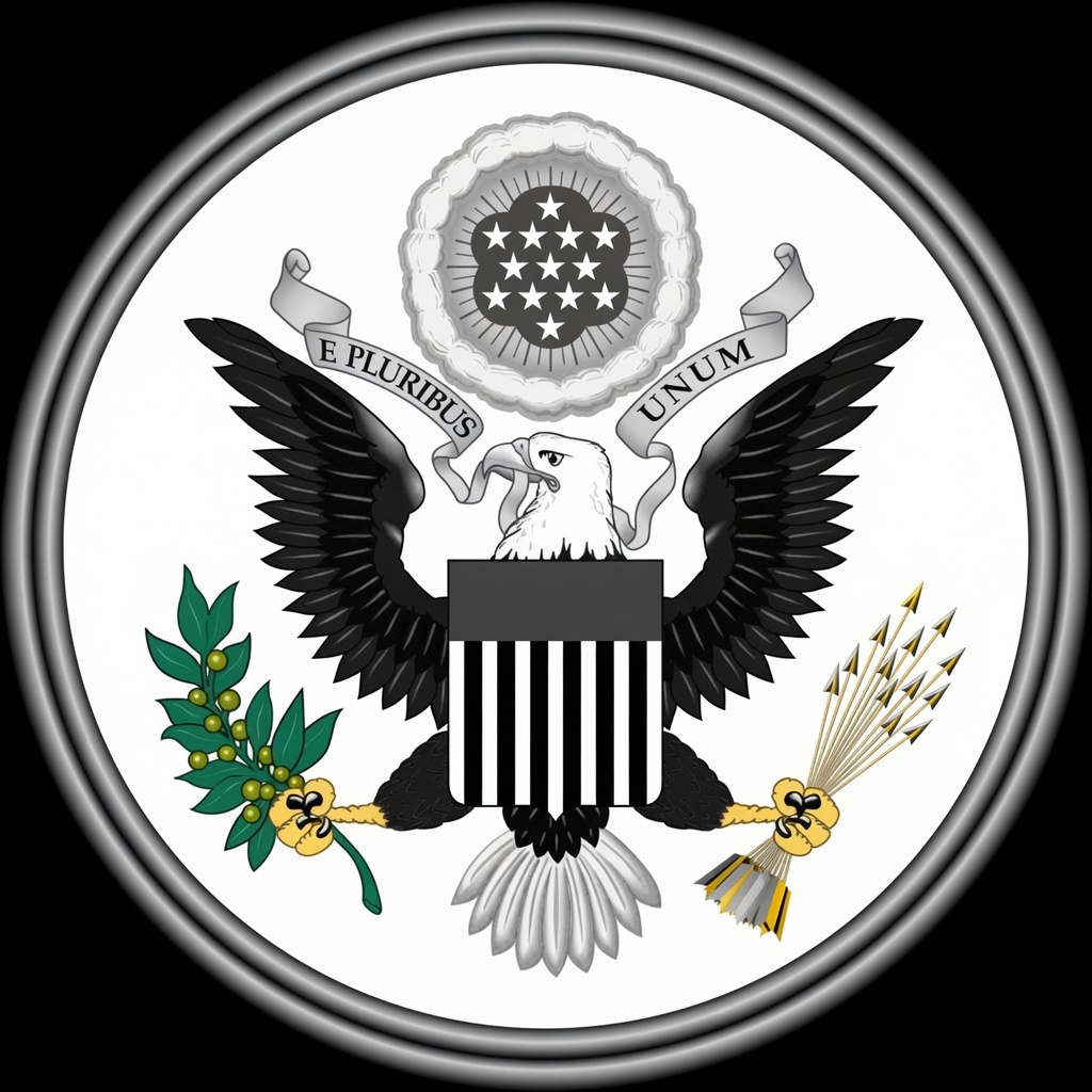 The Great Seal of the United States: the bald eagle holding an olive branch in its right talon and thirteen arrows in its left. The olive branch is circled in gold.