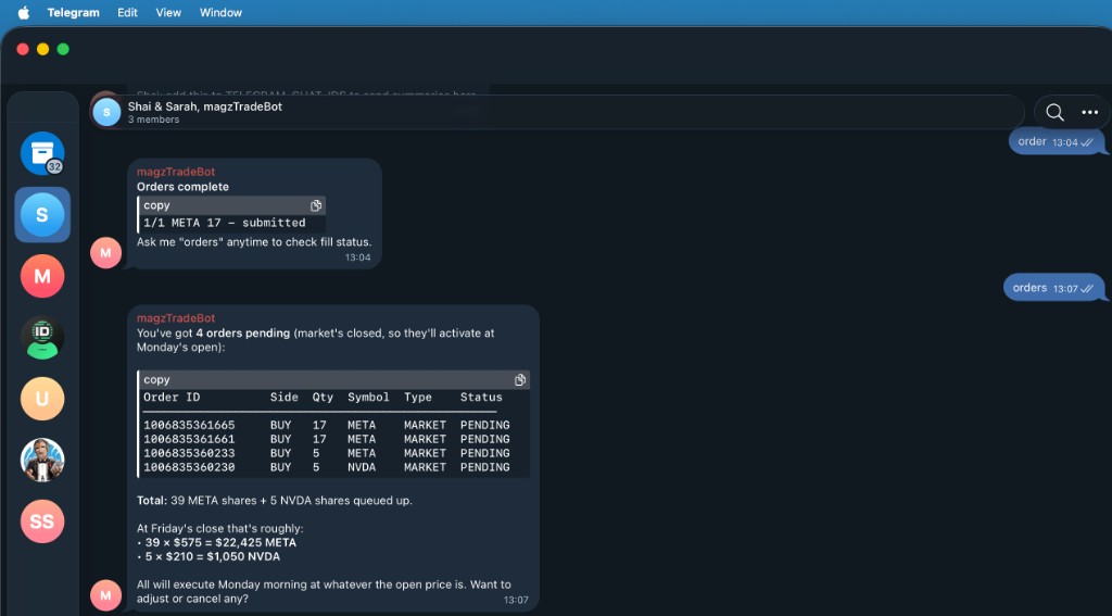 Telegram group showing order confirmation for 1/1 META 17 submitted, then a pending orders table with 39 META shares and 5 NVDA shares queued for Monday's open.