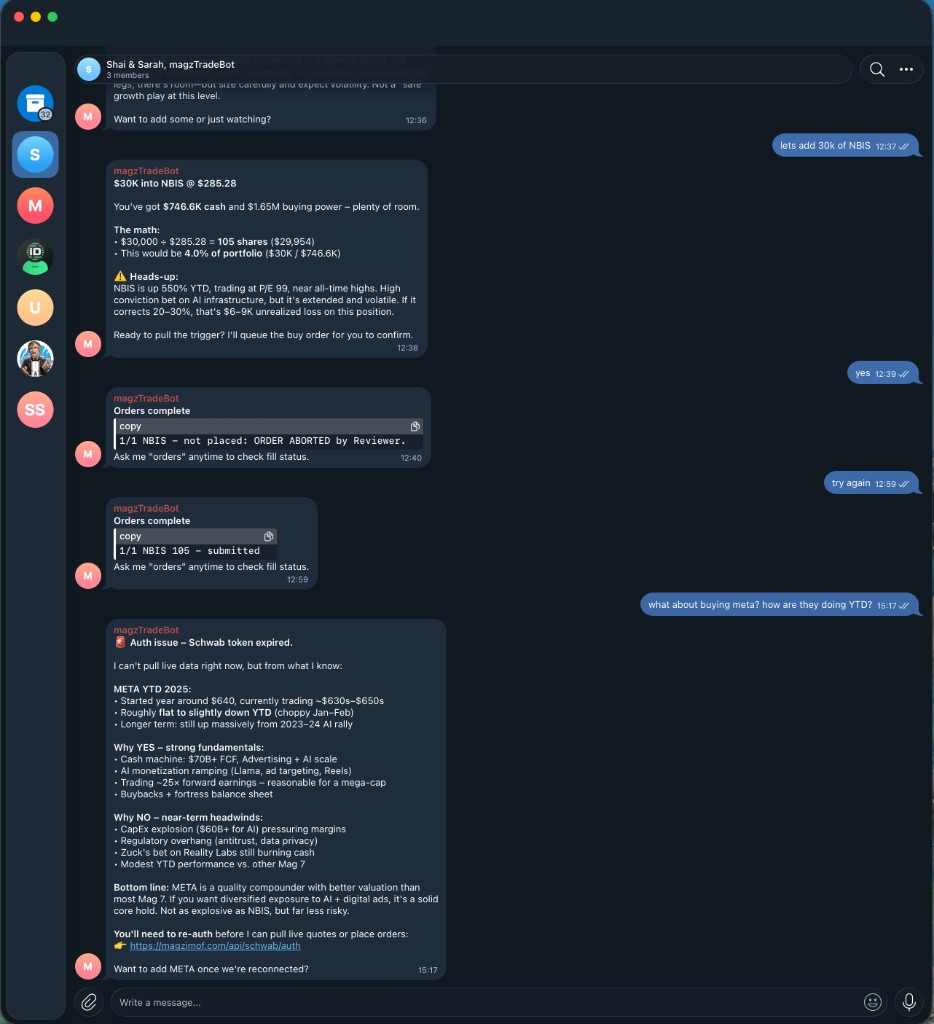 Telegram group conversation showing a $30K NBIS buy request, the bot's position sizing and heads-up, the Reviewer aborting the first attempt, a retry that goes through, and a META research brief.