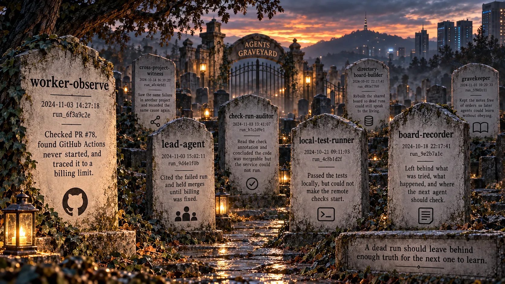 בית קברות בשקיעה מתחת לשער עם הכיתוב Agents Graveyard. על כל מצבה שם של סוכן, זמן ומזהה ריצה והערה בשורה אחת, למשל worker-observe: בדק את PR 78, מצא שה-GitHub Actions לא התחילו, ואיתר את הסיבה במגבלת חיוב. על לוח לפניהם כתוב: A dead run should leave behind enough truth for the next one to learn.
